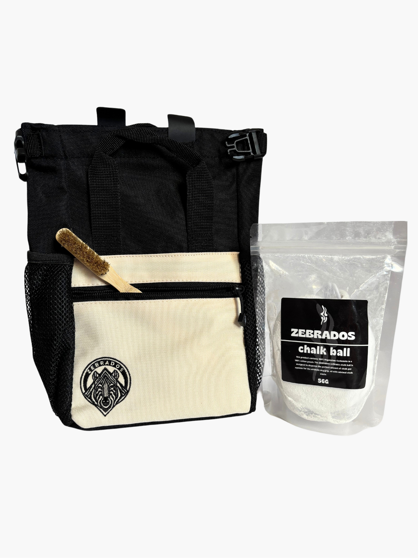 Pack de magnesera de escalada con cepillo y bola de magnesio recargable de Zebrados.